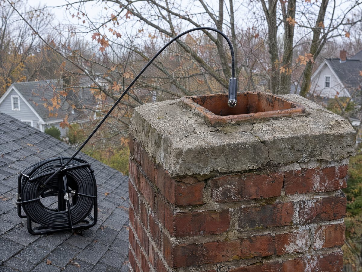 Inspection camera on a push-rod reel lowered into the clay flue of a brick chimney whose concrete crown is cracked, autumn trees behind
