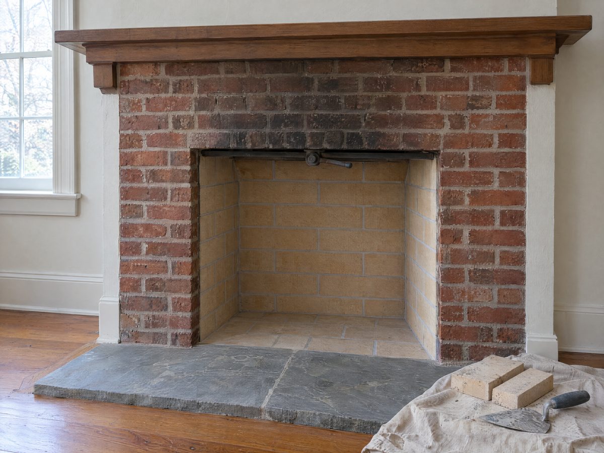 Red brick fireplace with a tan firebrick firebox, a throat damper handle and a bluestone hearth, spare firebricks and a trowel on a drop cloth
