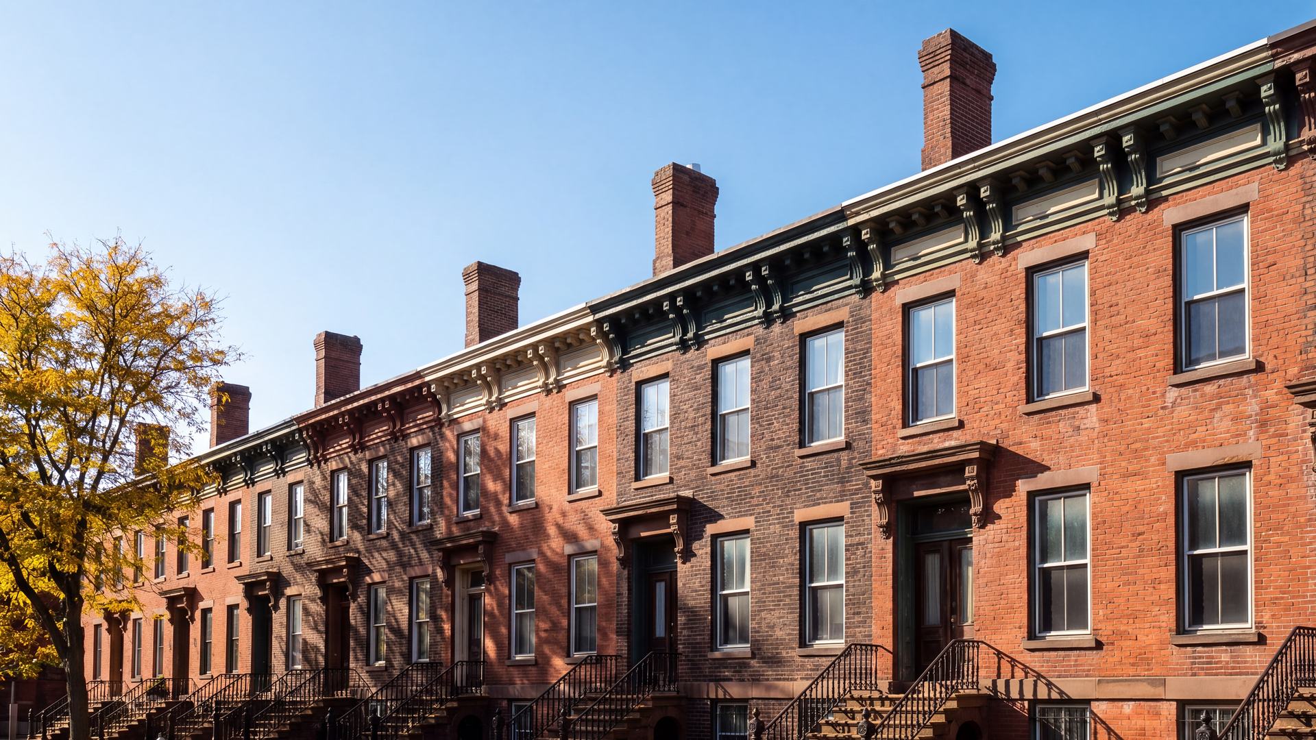 Row of 19th-century brick rowhouses with bracketed cornices and tall brick chimneys under a clear autumn sky