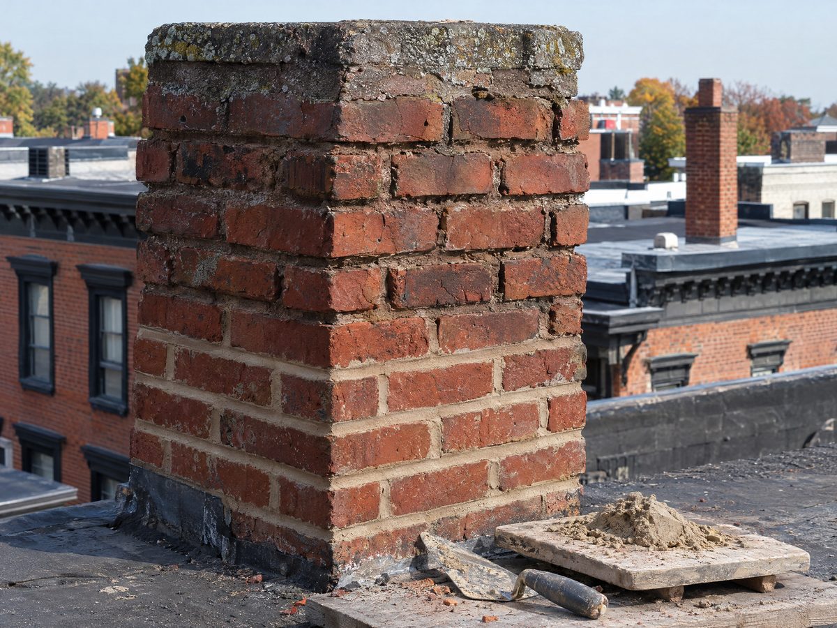 Rooftop brick chimney half repointed: raked-out joints above, fresh buff lime mortar below, a trowel and hawk at its base