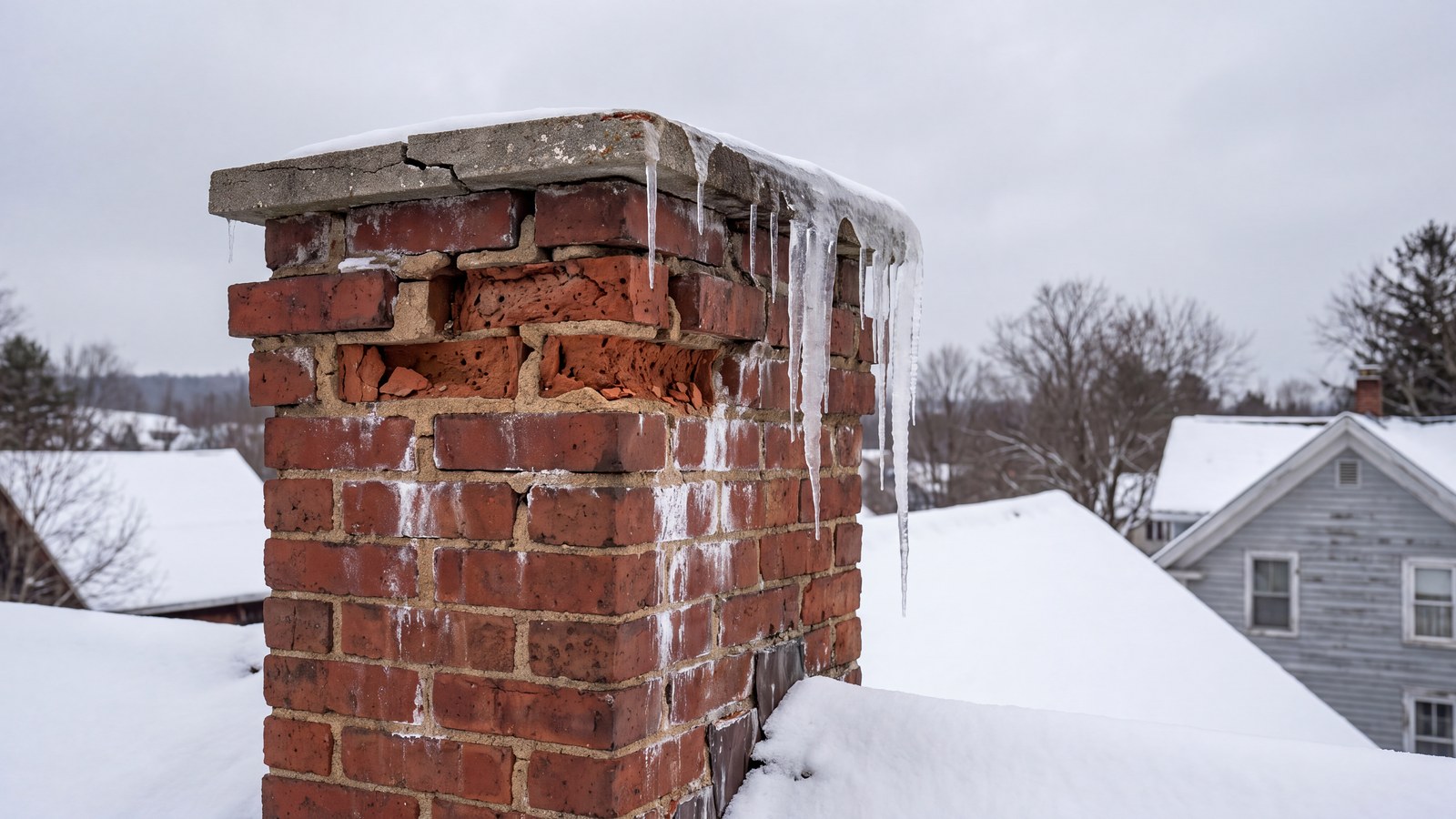 Brick chimney in winter with spalled brick faces, white efflorescence streaks and icicles hanging from its cracked crown