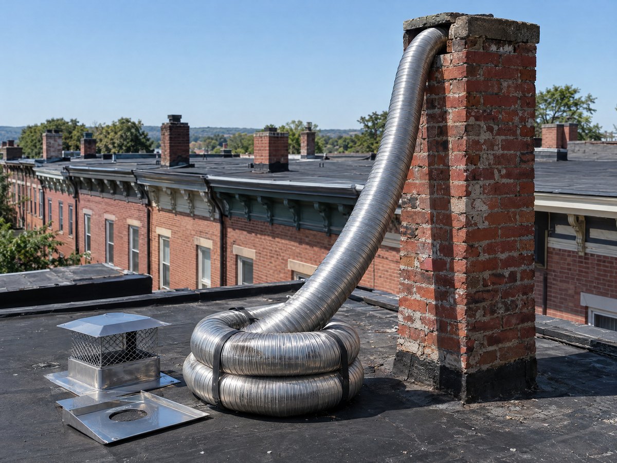 Coil of stainless steel chimney liner on a flat roof, its free end fed up into the top of an old brick chimney
