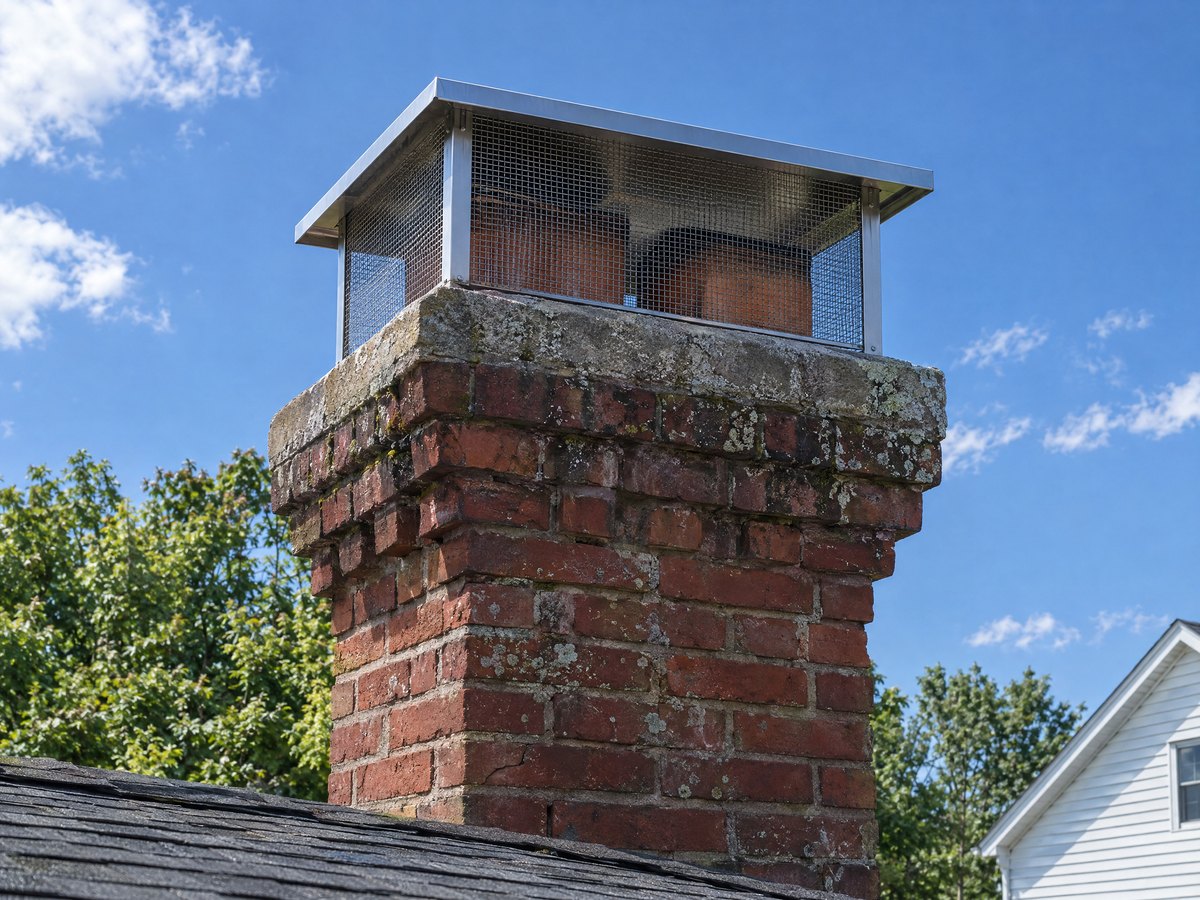 Stainless steel mesh cap over two clay flues on top of a corbelled brick chimney against a blue summer sky